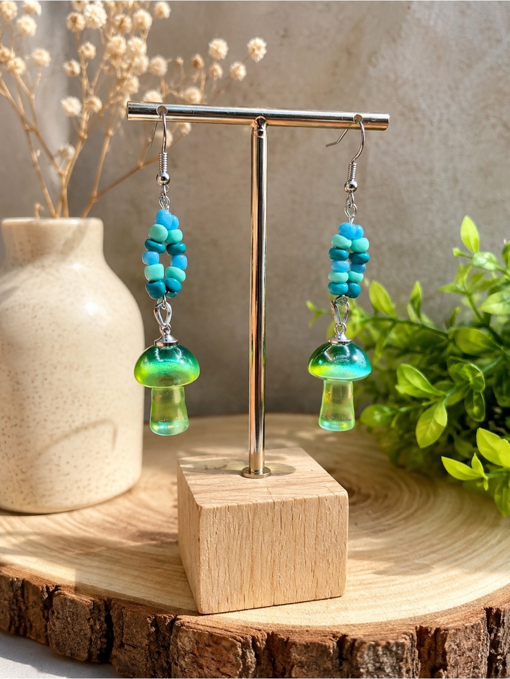 New 🆕Handmade Turquoise & Green Glass Mushroom Drop Earrings